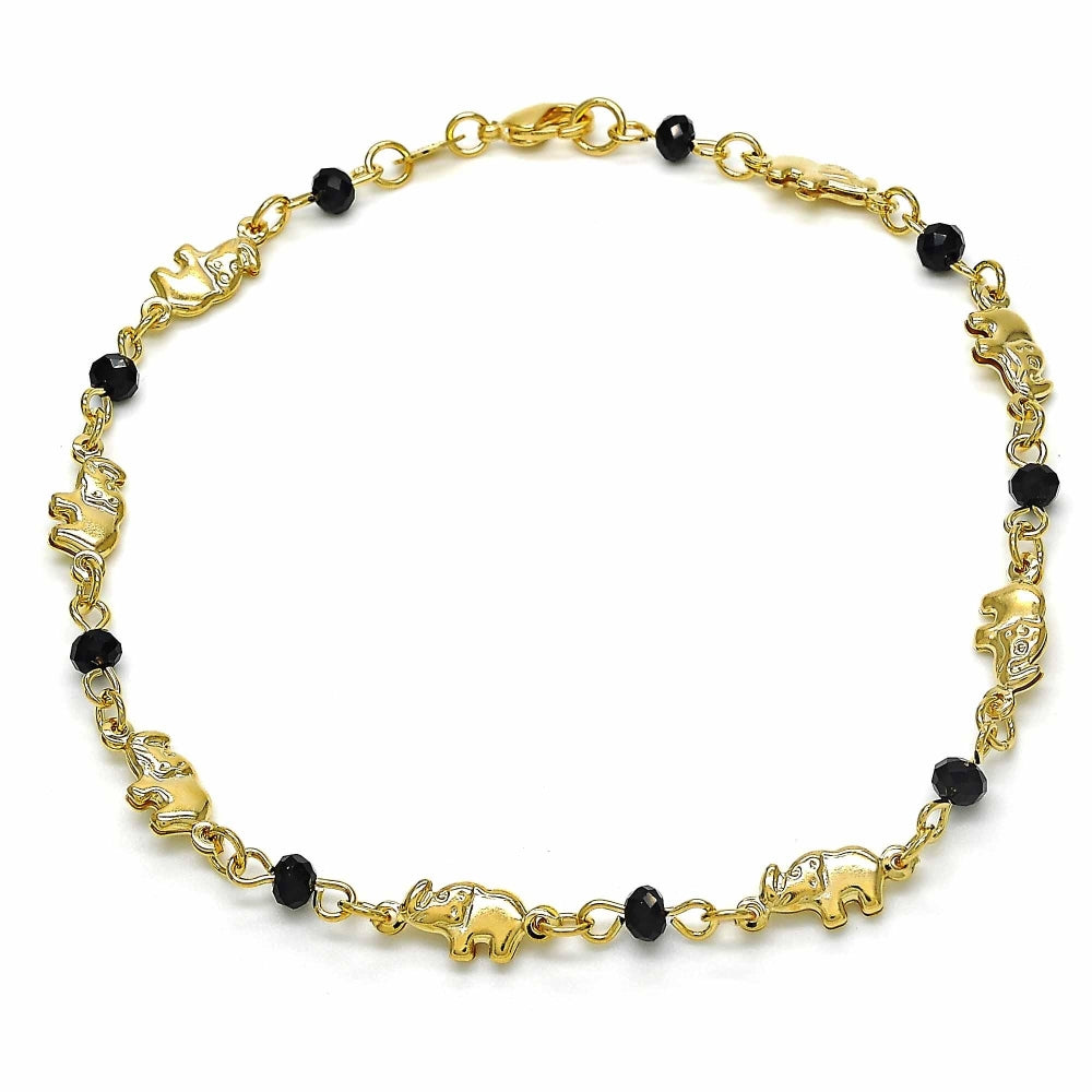 Oro Laminado Fancy Bracelet, Gold Filled Style Elephant and Ball Design, with Black Azavache, Polished, Golden Finish