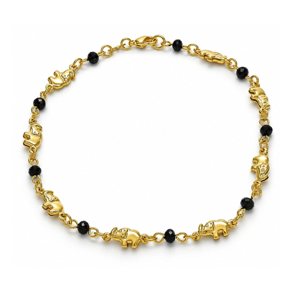 Oro Laminado Fancy Bracelet, Gold Filled Style Elephant and Ball Design, with Black Azavache, Polished, Golden Finish