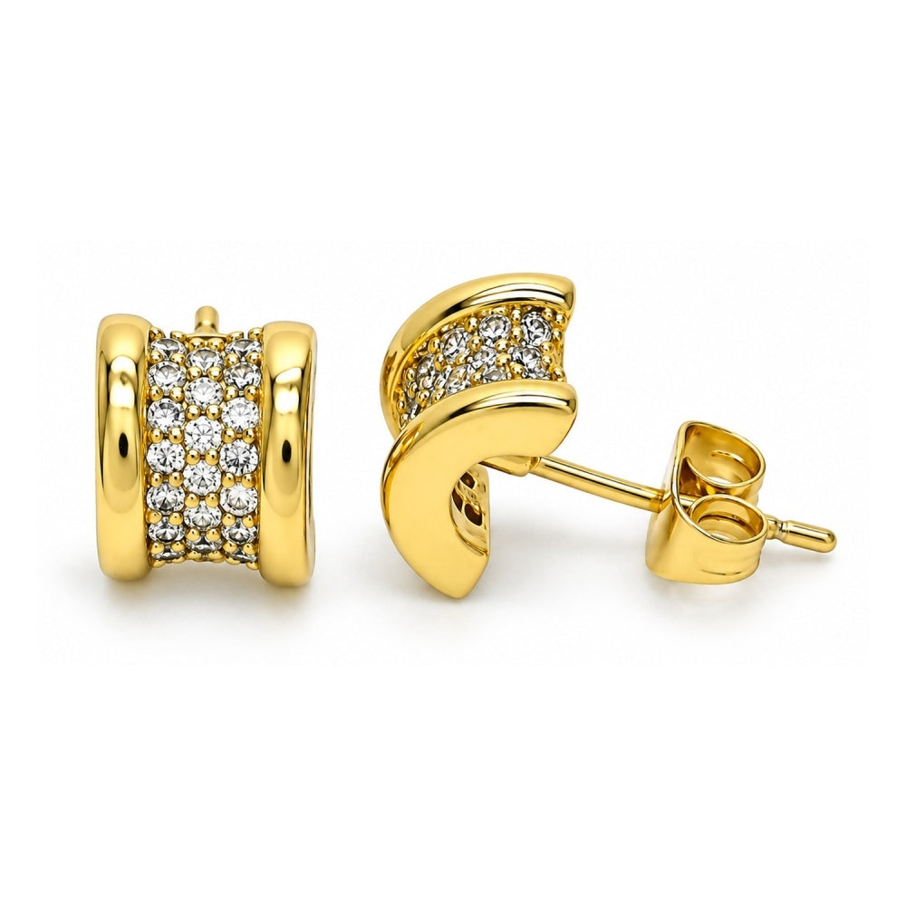 Oro Laminado Stud Earring, Gold Filled Style with White Micro Pave, Polished, Golden Finish