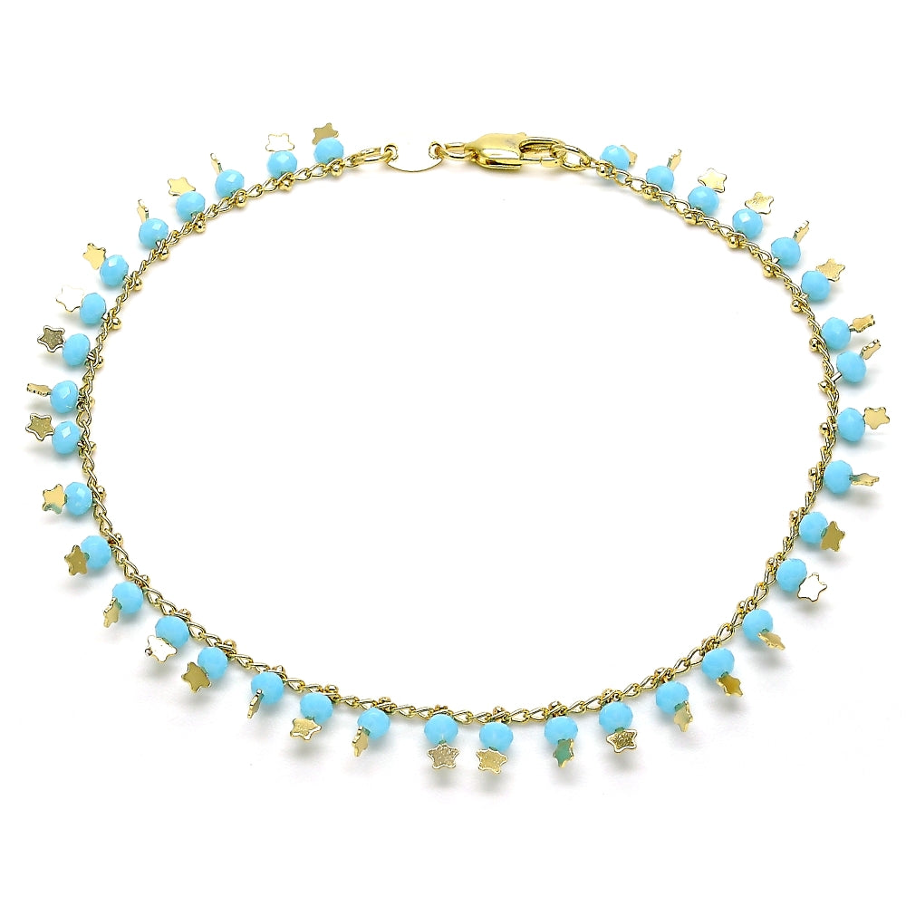 Oro Laminado Charm Anklet , Gold Filled Style Star Design, with Turquoise Crystal, Polished, Golden Finish