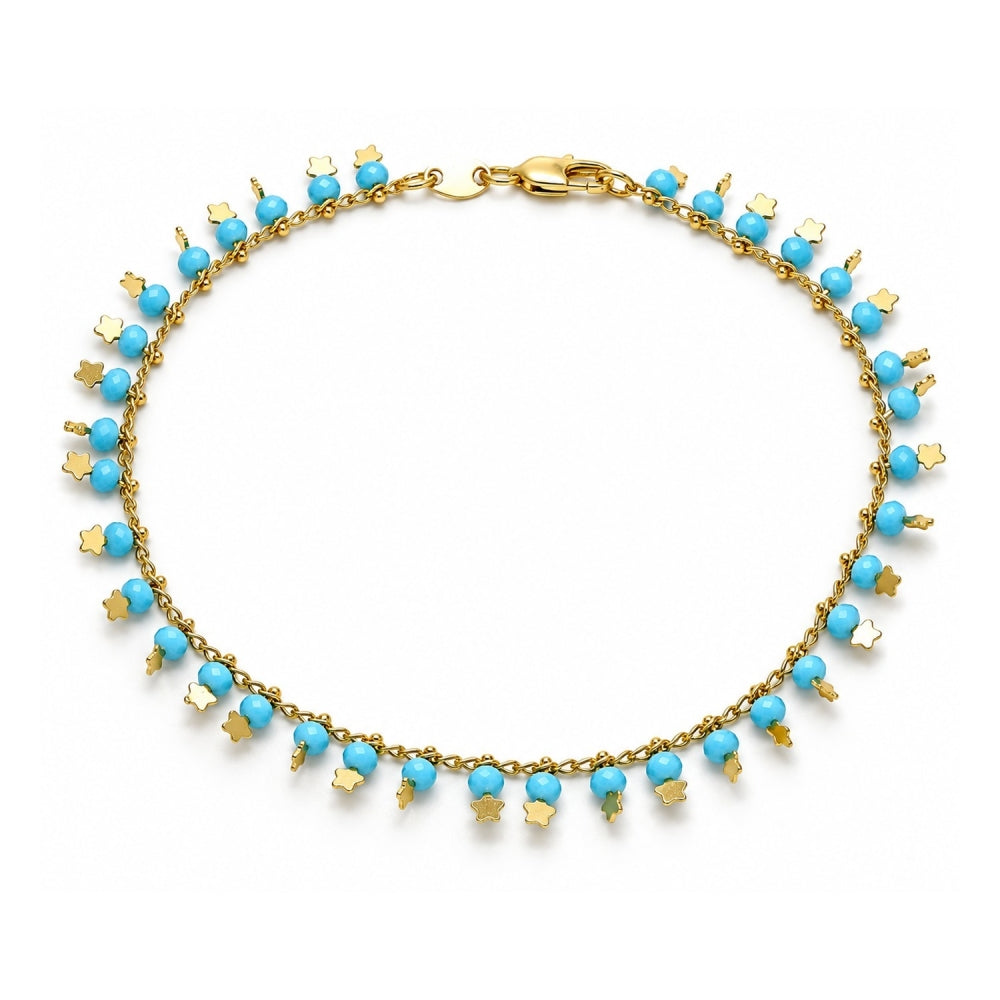 Oro Laminado Charm Anklet , Gold Filled Style Star Design, with Turquoise Crystal, Polished, Golden Finish