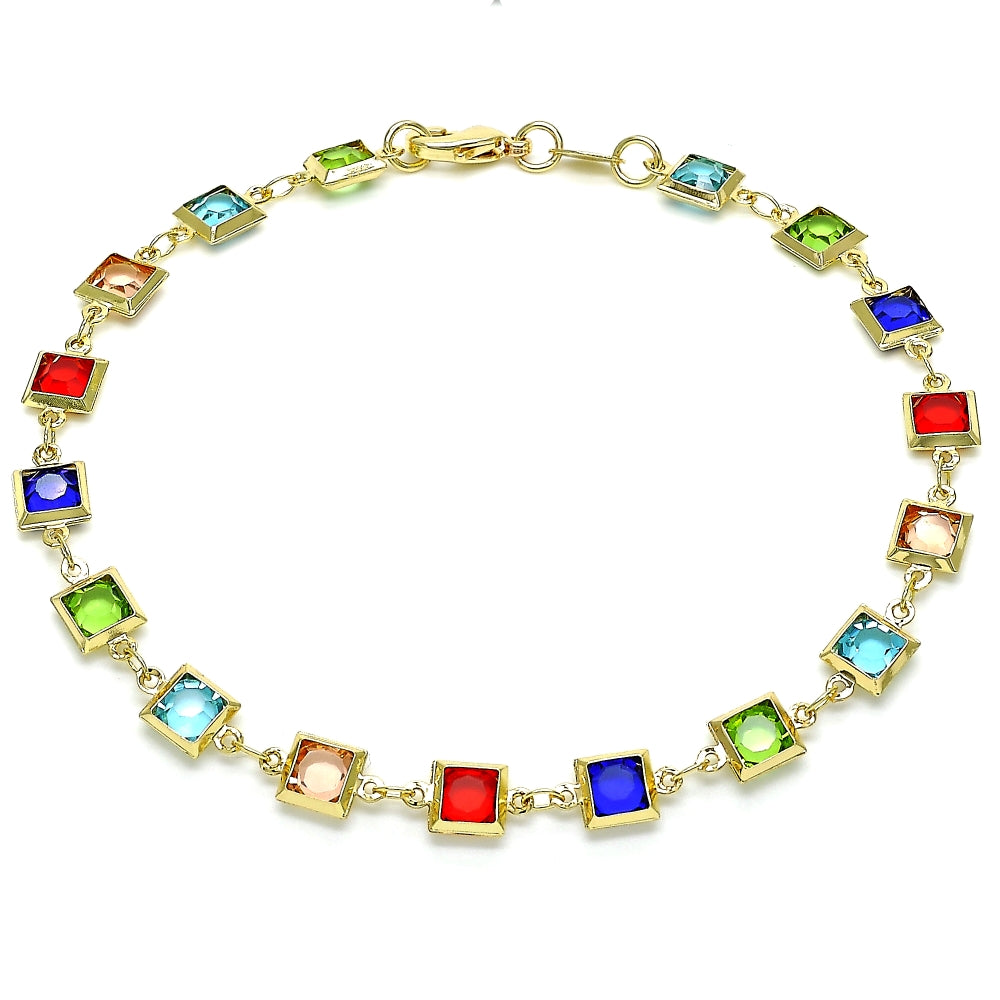 Oro Laminado Fancy Anklet, Gold Filled Style with Multicolor Cubic Zirconia, Polished, Golden Finish
