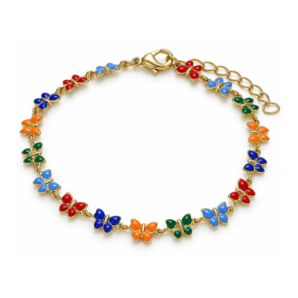 Oro Laminado Fancy Bracelet, Gold Filled Style Butterfly Design, Multicolor Enamel Finish, Golden Finish
