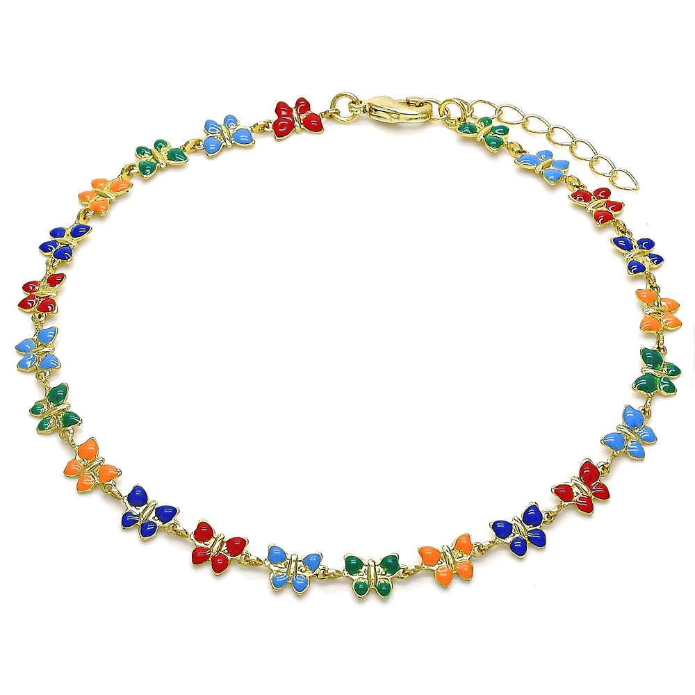 Oro Laminado Fancy Anklet, Gold Filled Style Butterfly Design, Multicolor Enamel Finish, Golden Finish