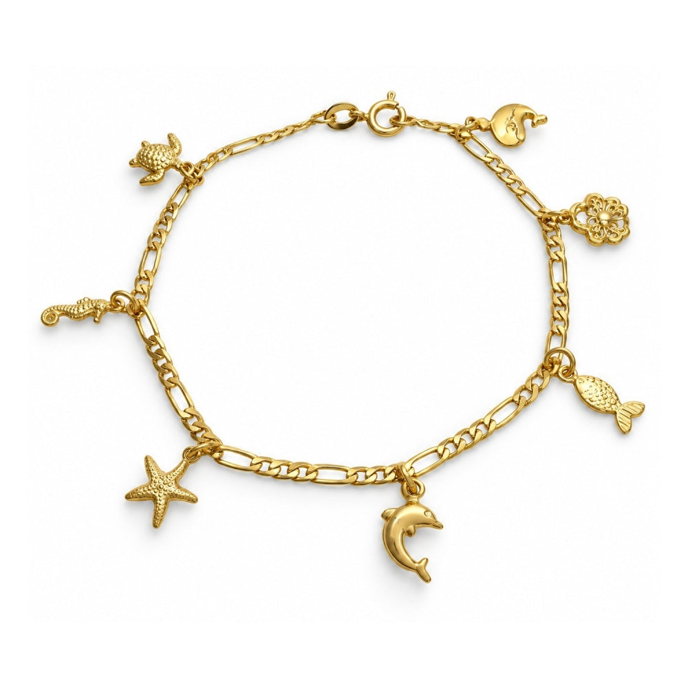 Oro Laminado Charm Bracelet, Gold Filled Style Seahorse and Star Design, Polished, Golden Finish