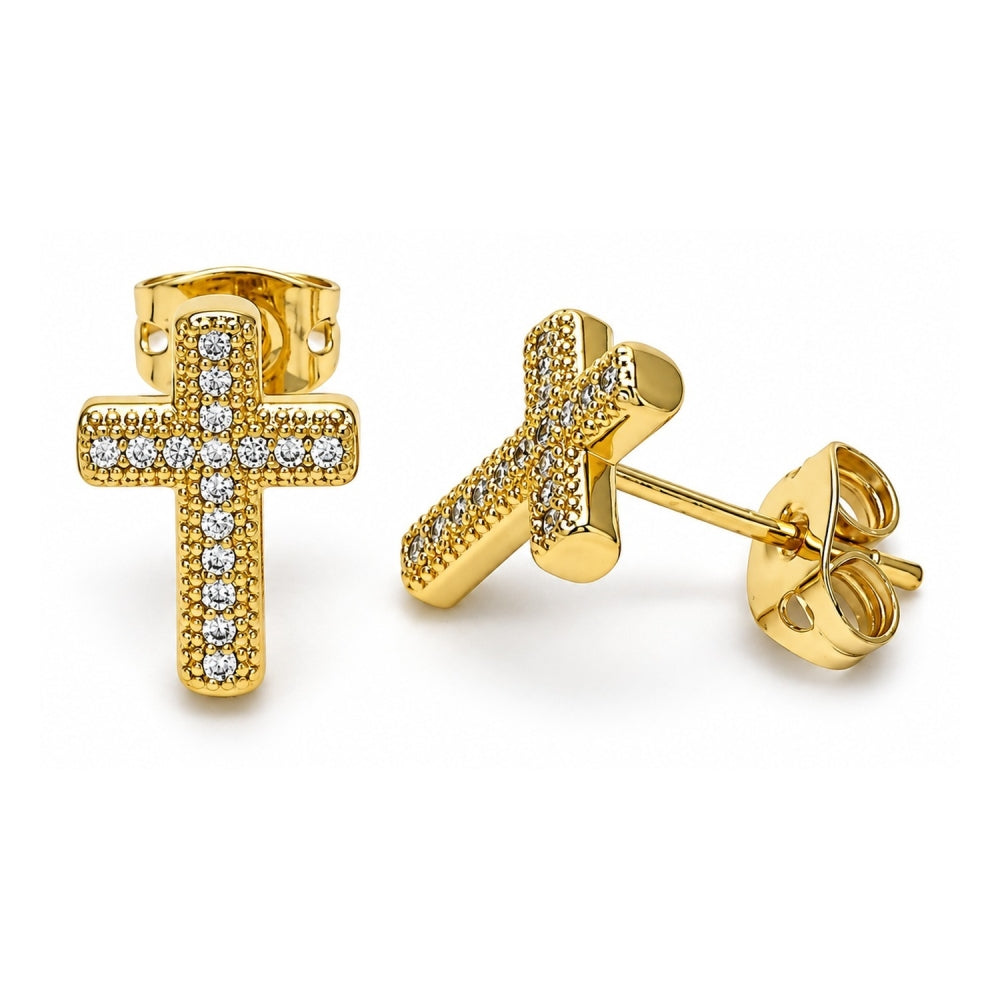 Oro Laminado Stud Earring, Gold Filled Style Cross Design, with White Micro Pave, Polished, Golden Finish