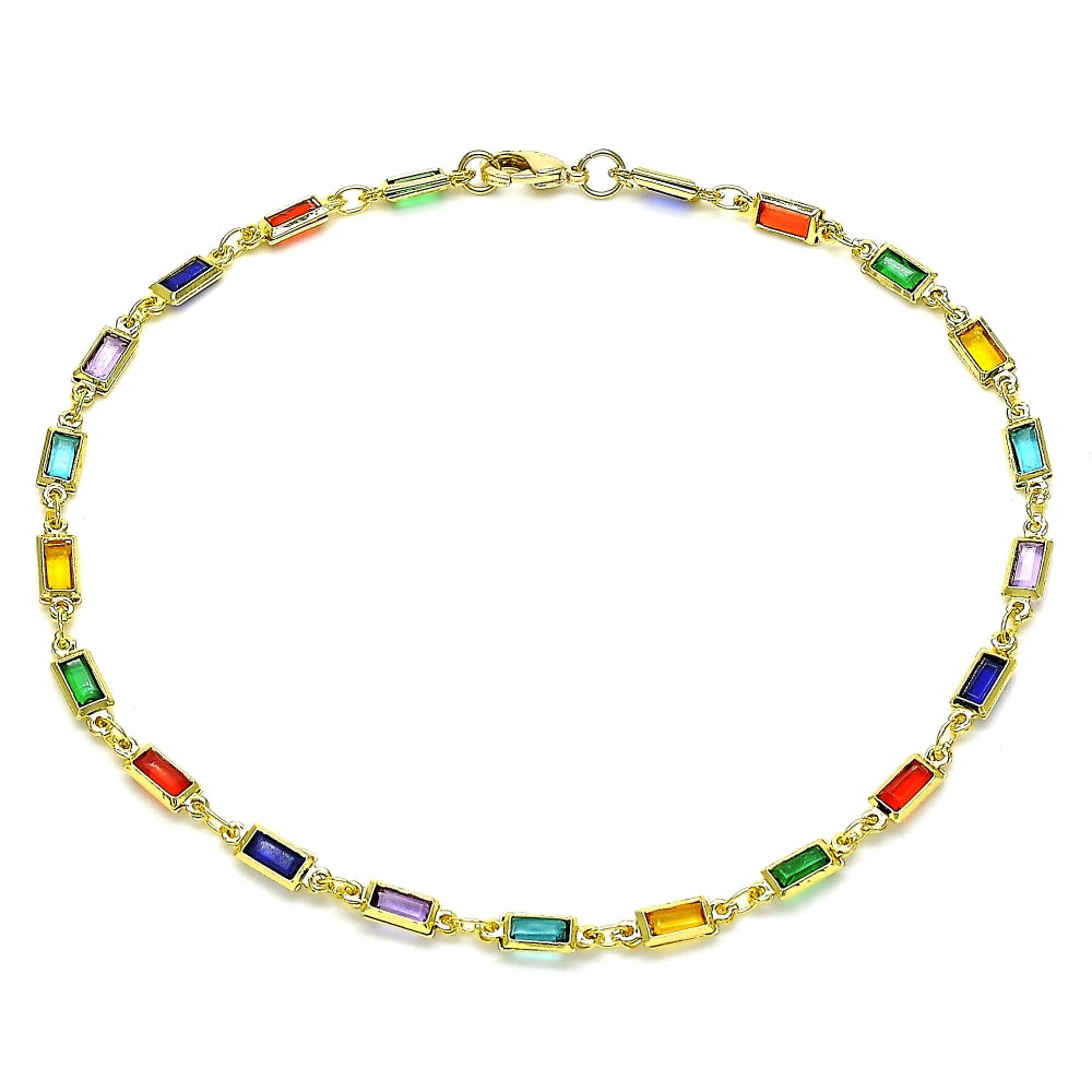 Oro Laminado Fancy Anklet, Gold Filled Style with Multicolor Crystal, Polished, Golden Finish