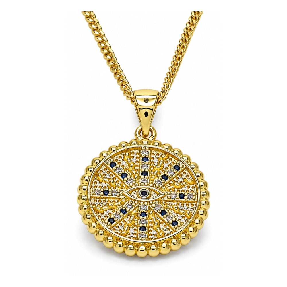 Oro Laminado Pendant Necklace, Gold Filled Style Evil Eye Design, with Sapphire Blue and White Micro Pave, Polished, Golden Finish