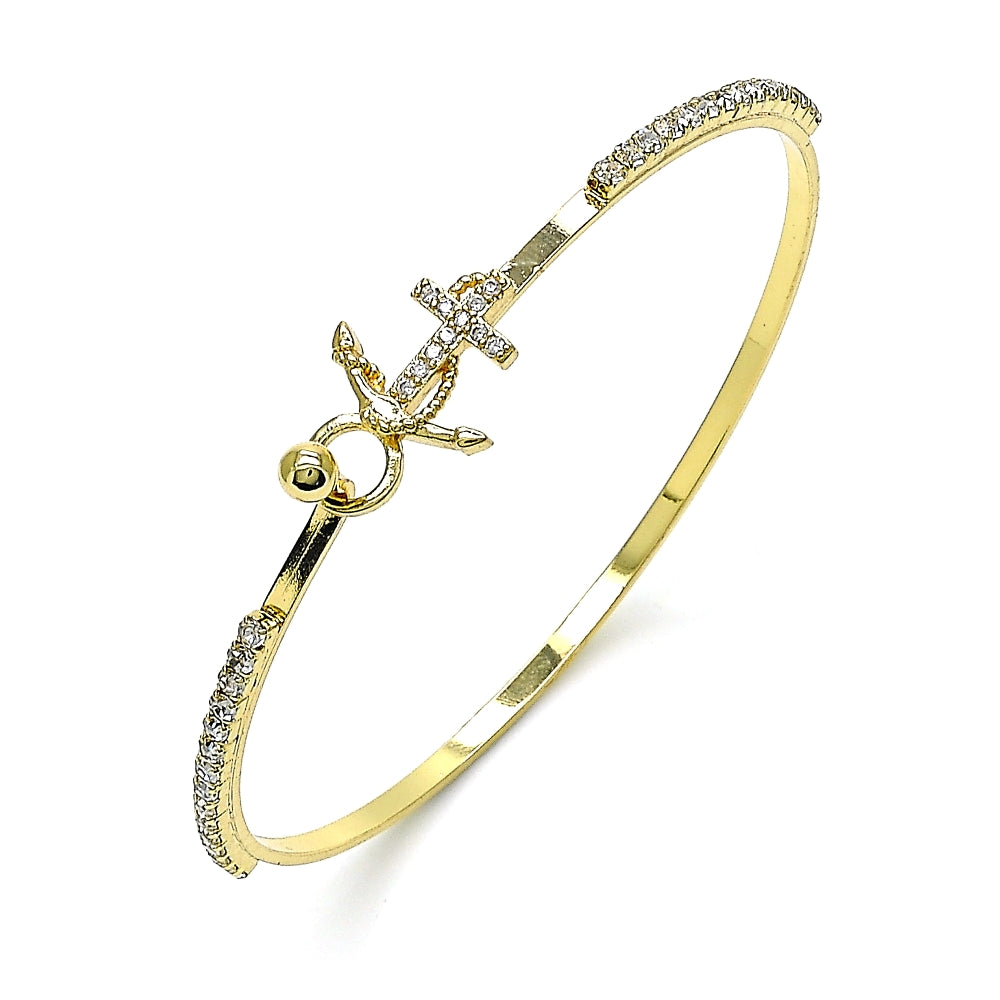 Oro Laminado Individual Bangle, Gold Filled Style Anchor Design, with White Micro Pave and White Crystal, Polished, Golden Finish