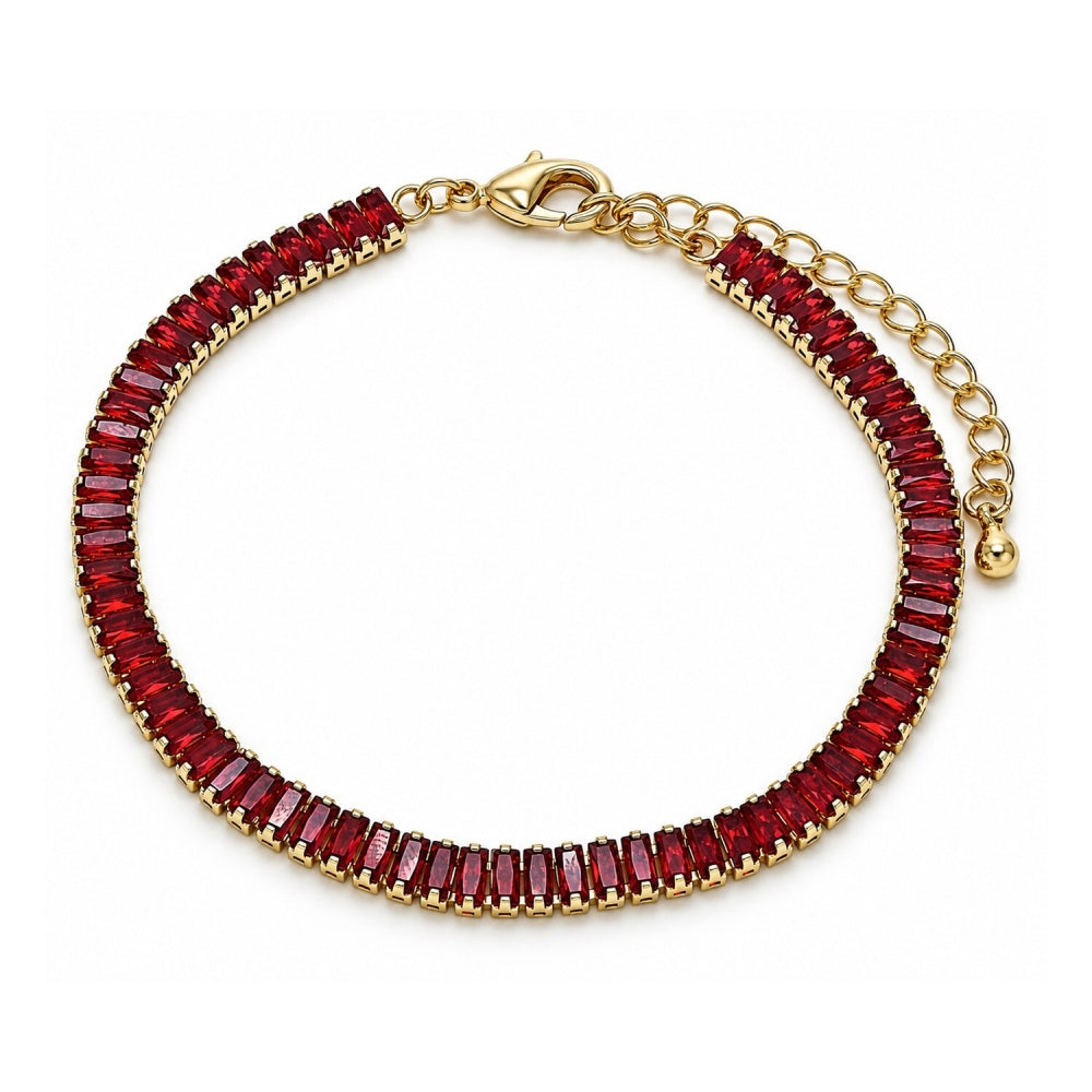 Oro Laminado Tennis Bracelet, Gold Filled Style Baguette Design, with Garnet Cubic Zirconia, Polished, Golden Finish