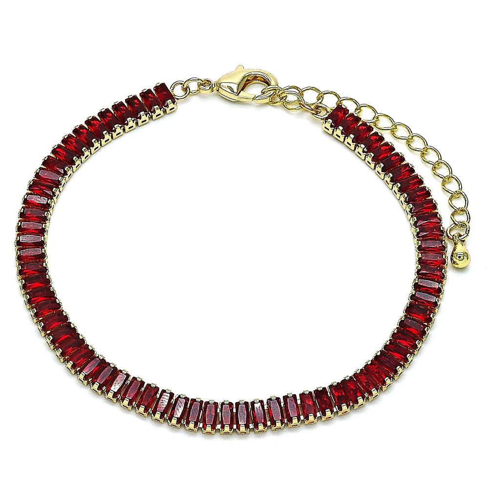 Oro Laminado Tennis Bracelet, Gold Filled Style Baguette Design, with Garnet Cubic Zirconia, Polished, Golden Finish