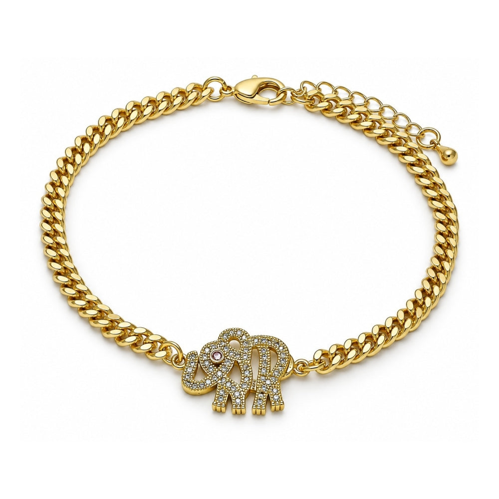 Oro Laminado Fancy Bracelet, Gold Filled Style Elephant Design, with White and Garnet Micro Pave, Polished, Golden Finish