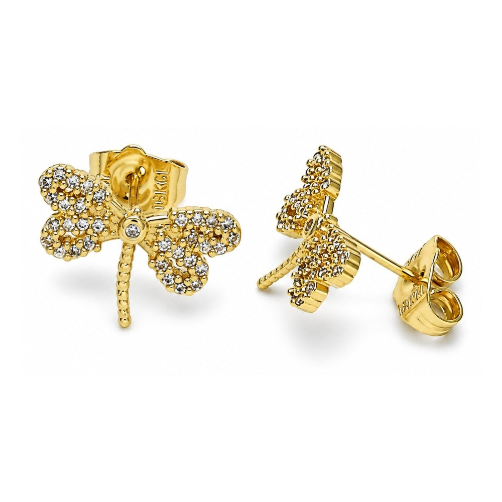 Oro Laminado Stud Earring, Gold Filled Style Dragon-Fly Design, with White Micro Pave and White Cubic Zirconia, Polished, Golden Finish