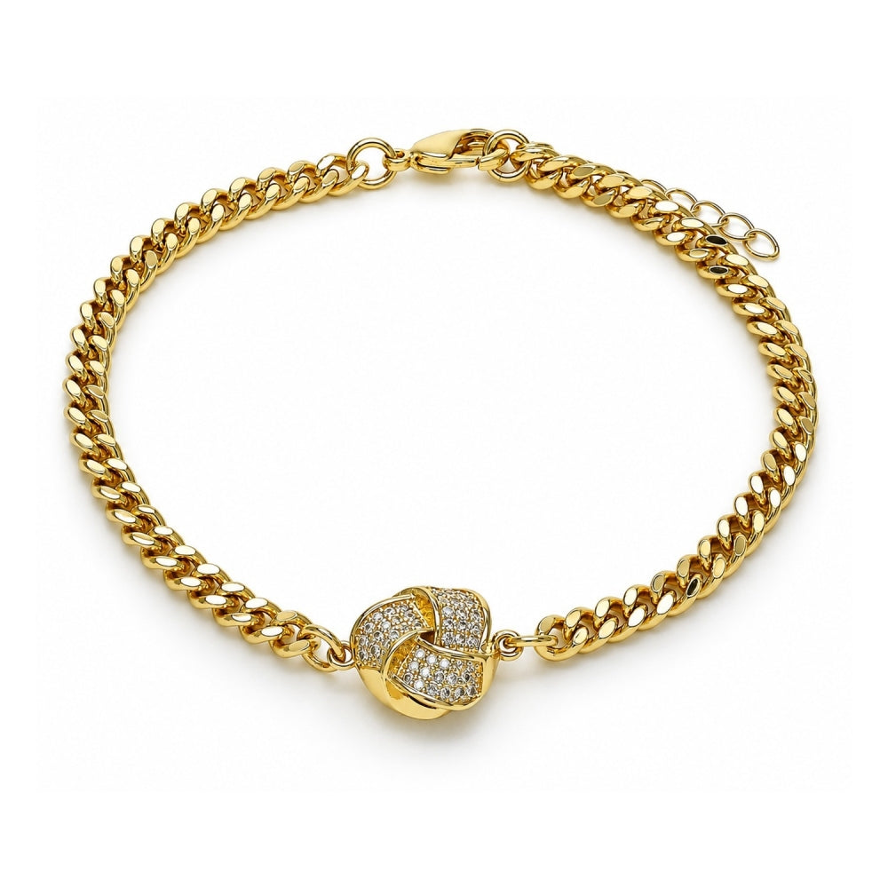 Oro Laminado Fancy Bracelet, Gold Filled Style Love Knot Design, with White Micro Pave, Polished, Golden Finish