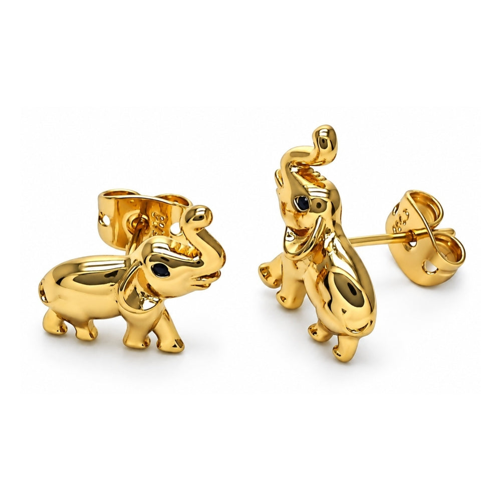 Oro Laminado Stud Earring, Gold Filled Style Elephant Design, with Black Micro Pave, Polished, Golden Finish