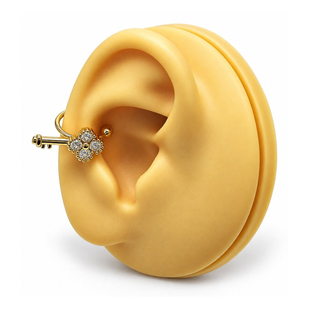 Oro Laminado Earcuff, Gold Filled Style key Design, with White Cubic Zirconia, Polished, Golden Finish