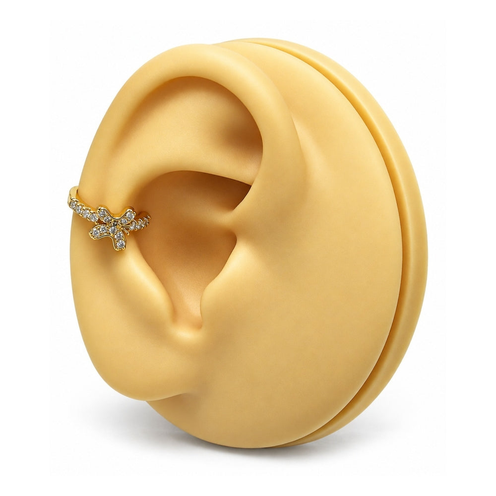 Oro Laminado Earcuff, Gold Filled Style Butterfly Design, with White Micro Pave, Polished, Golden Finish