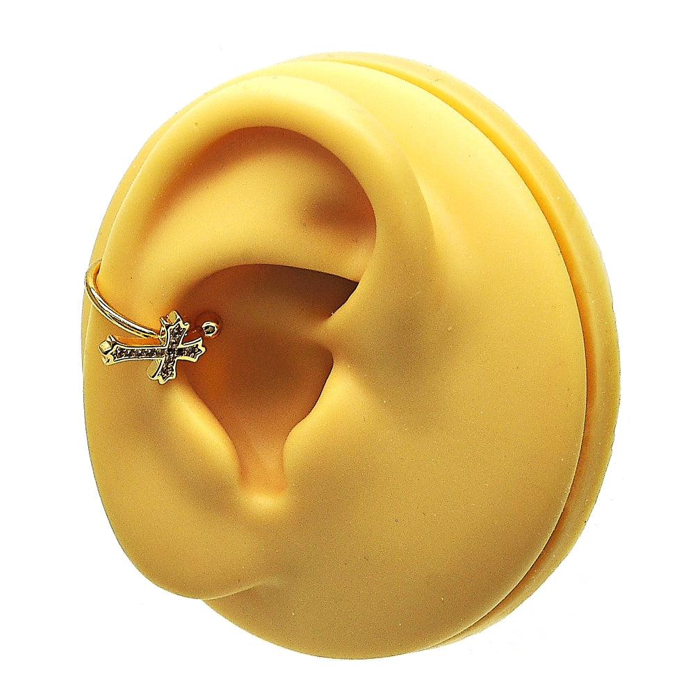 Oro Laminado Earcuff, Gold Filled Style Cross Design, with White Micro Pave, Polished, Golden Finish