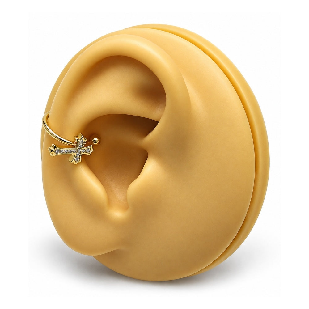 Oro Laminado Earcuff, Gold Filled Style Cross Design, with White Micro Pave, Polished, Golden Finish