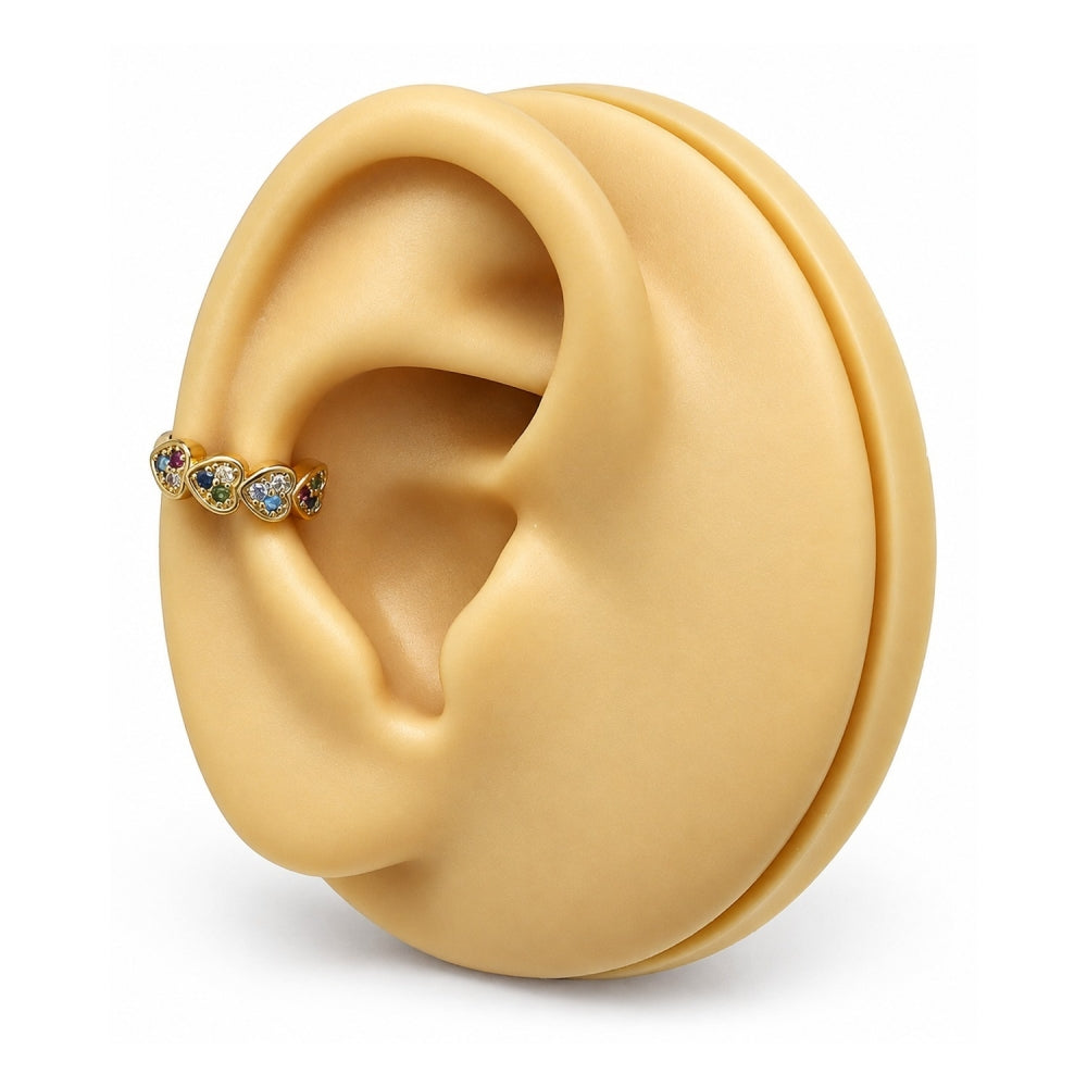 Oro Laminado Earcuff, Gold Filled Style Heart Design, with Multicolor Micro Pave, Polished, Golden Finish