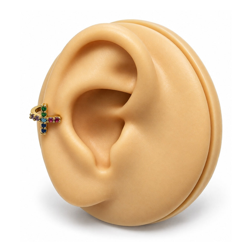 Oro Laminado Earcuff, Gold Filled Style Cross Design, with Multicolor Micro Pave, Polished, Golden Finish
