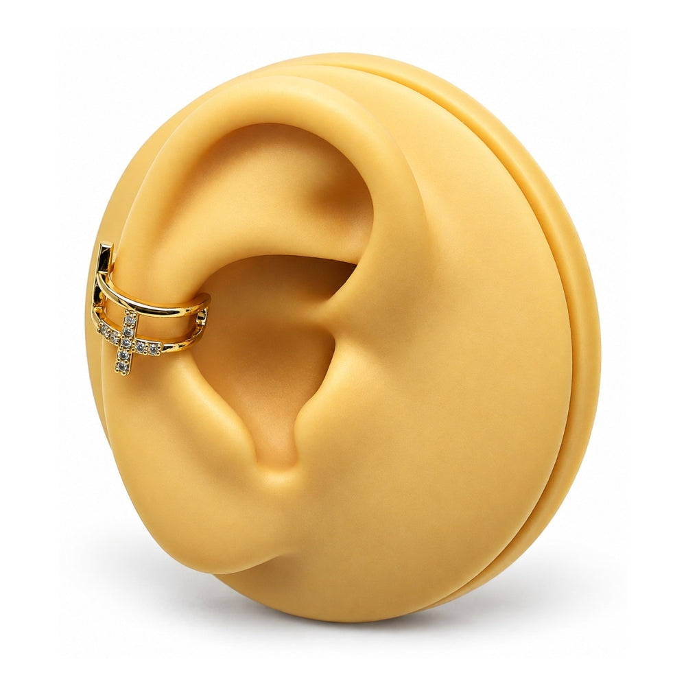 Oro Laminado Earcuff, Gold Filled Style Cross Design, with White Micro Pave, Polished, Golden Finish