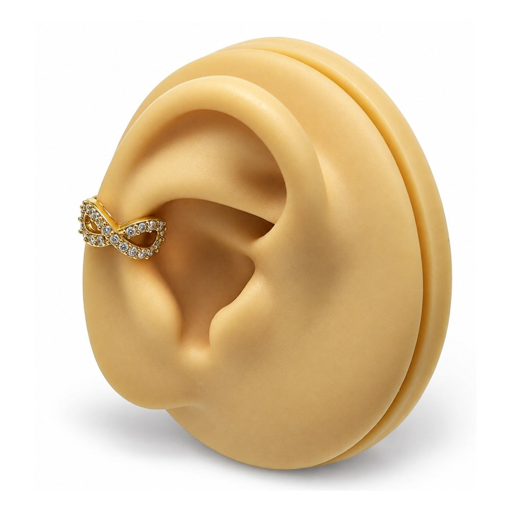 Oro Laminado Earcuff, Gold Filled Style Infinite Design, with White Micro Pave, Polished, Golden Finish