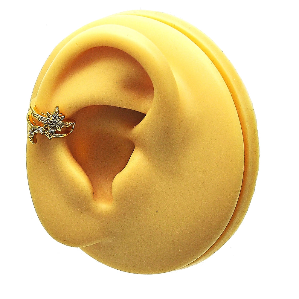 Oro Laminado Earcuff, Gold Filled Style Moon Design, with White Micro Pave, Polished, Golden Finish