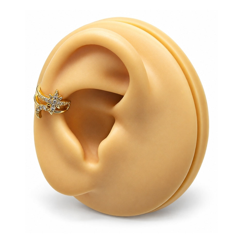 Oro Laminado Earcuff, Gold Filled Style Moon Design, with White Micro Pave, Polished, Golden Finish