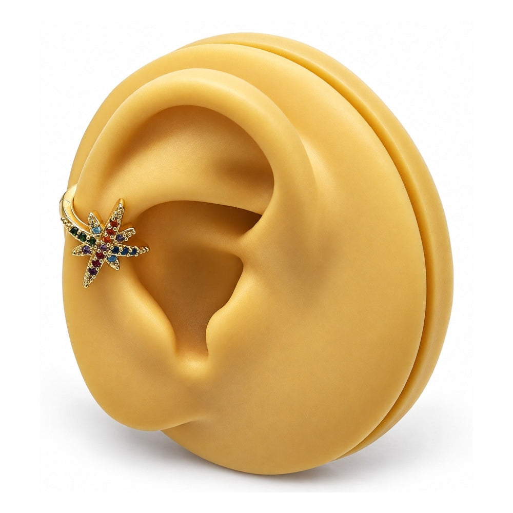 Oro Laminado Earcuff, Gold Filled Style with Multicolor Micro Pave, Polished, Golden Finish