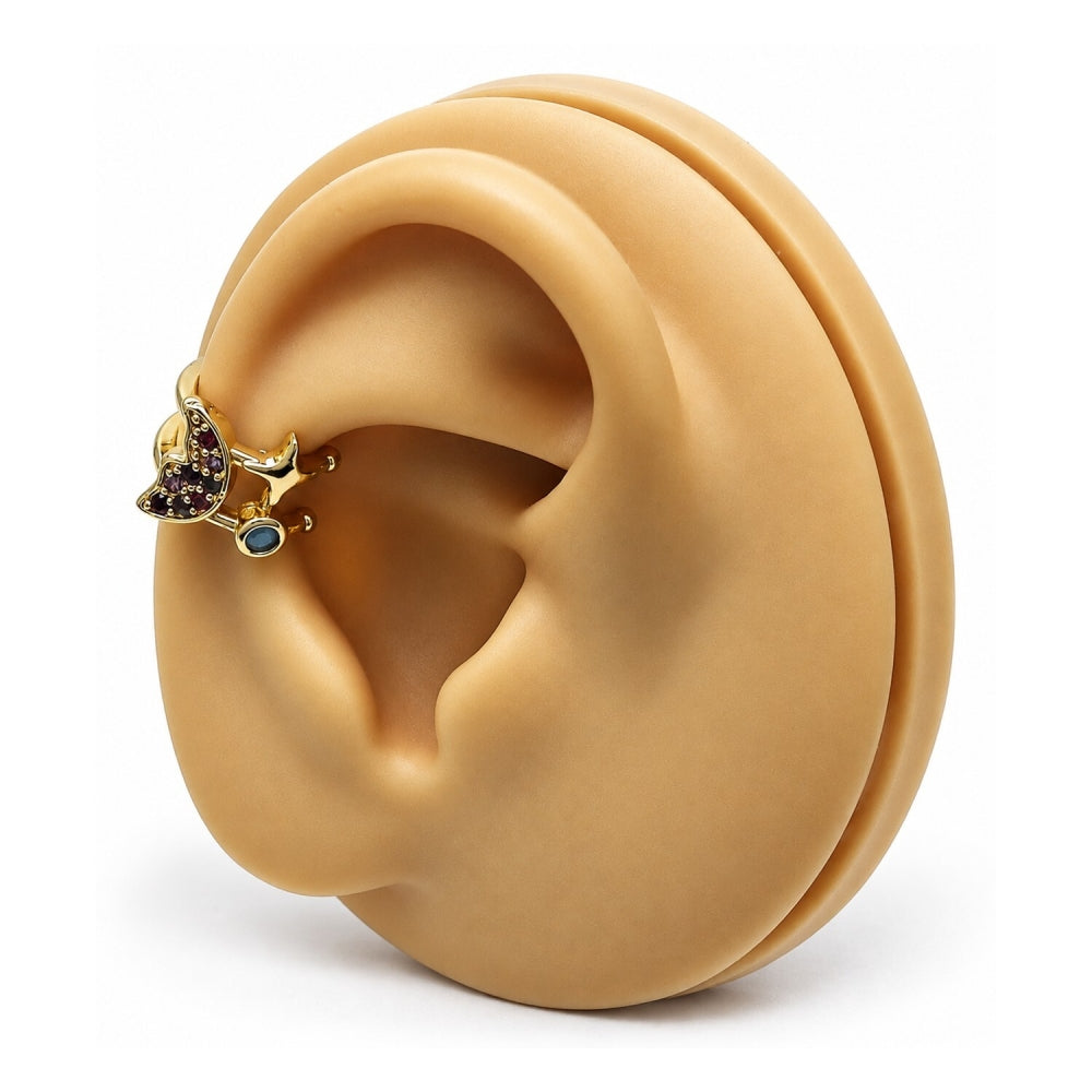 Oro Laminado Earcuff, Gold Filled Style Moon Design, with Multicolor Micro Pave and Turquoise Cubic Zirconia, Polished, Golden Finish