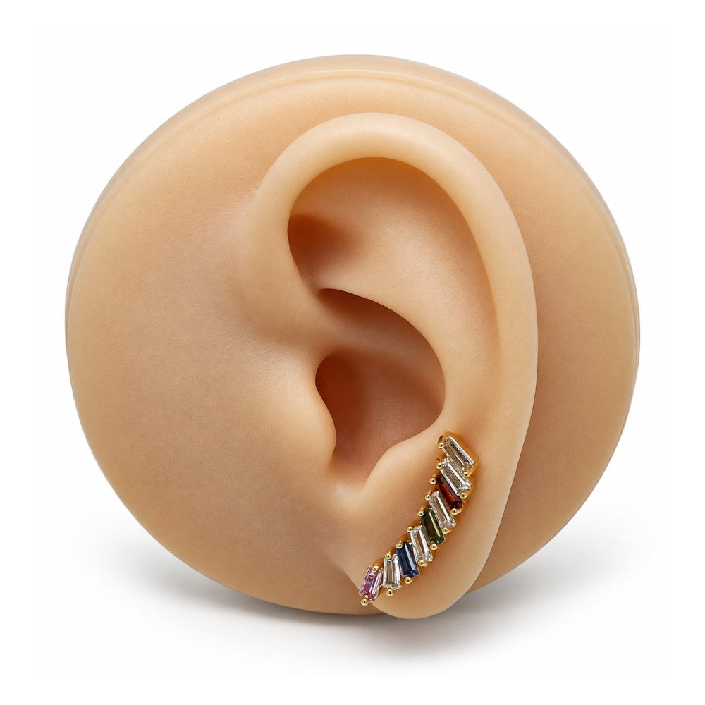 Oro Laminado Earcuff, Gold Filled Style Baguette Design, with Multicolor Cubic Zirconia, Polished, Golden Finish