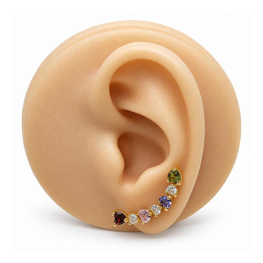 Oro Laminado Earcuff, Gold Filled Style Heart Design, with Multicolor Cubic Zirconia, Polished, Golden Finish