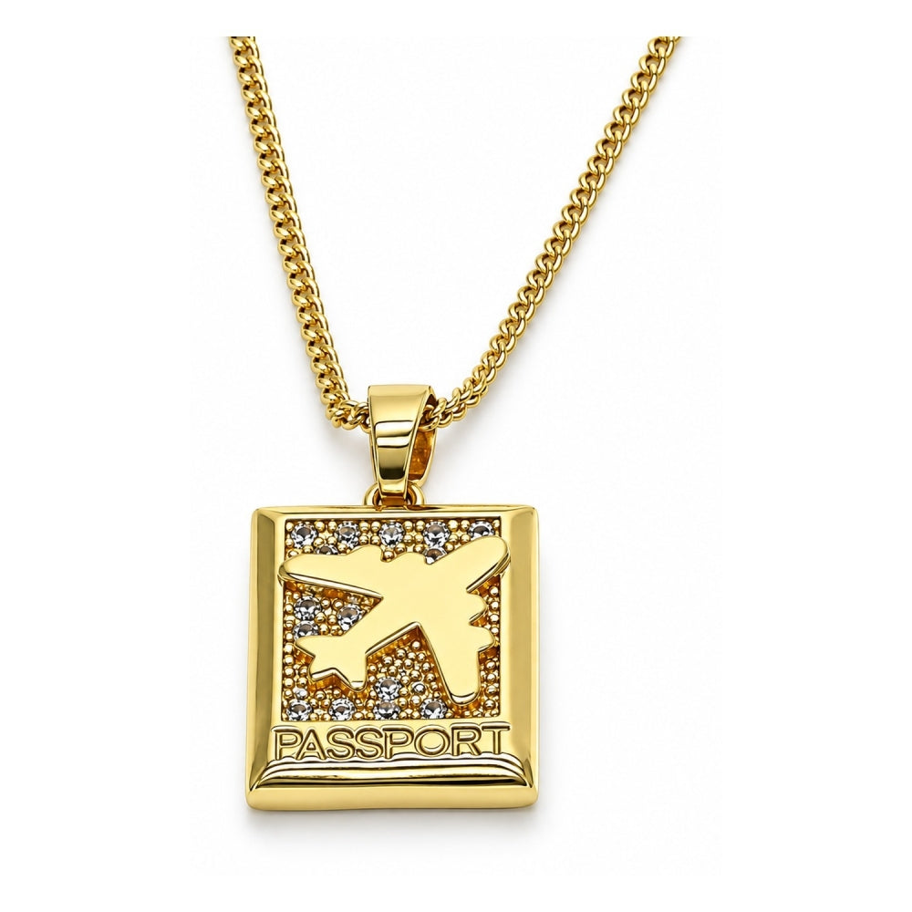 Oro Laminado Pendant Necklace, Gold Filled Style Airplane Design, with White Micro Pave, Polished, Golden Finish