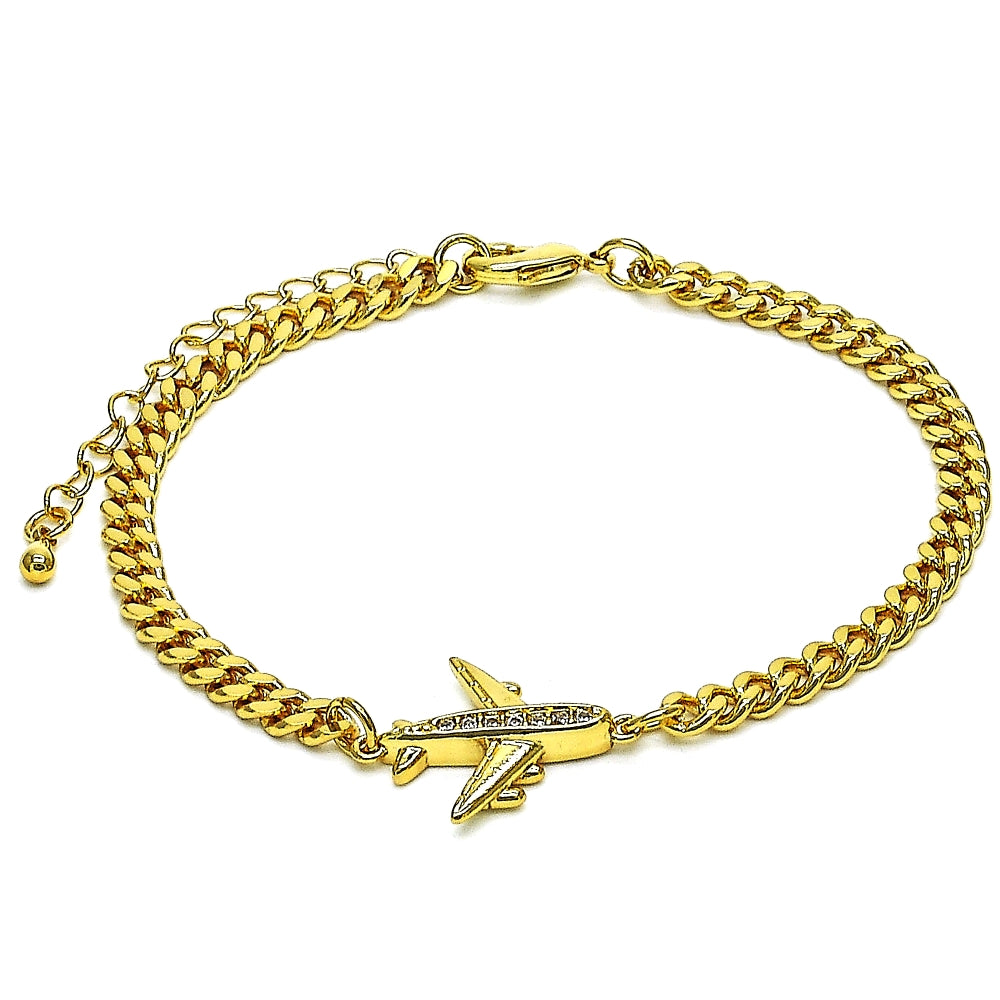 Oro Laminado Fancy Bracelet, Gold Filled Style Airplane Design, with White Micro Pave, Polished, Golden Finish