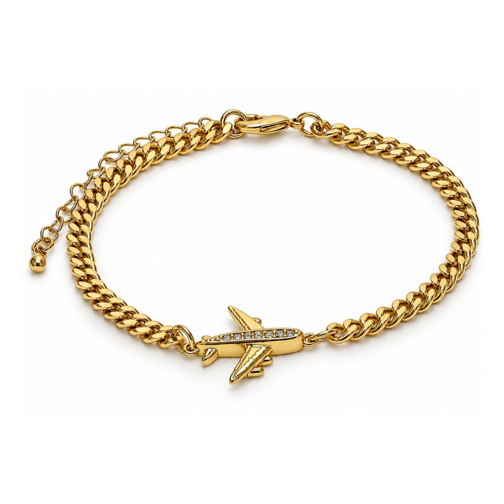 Oro Laminado Fancy Bracelet, Gold Filled Style Airplane Design, with White Micro Pave, Polished, Golden Finish