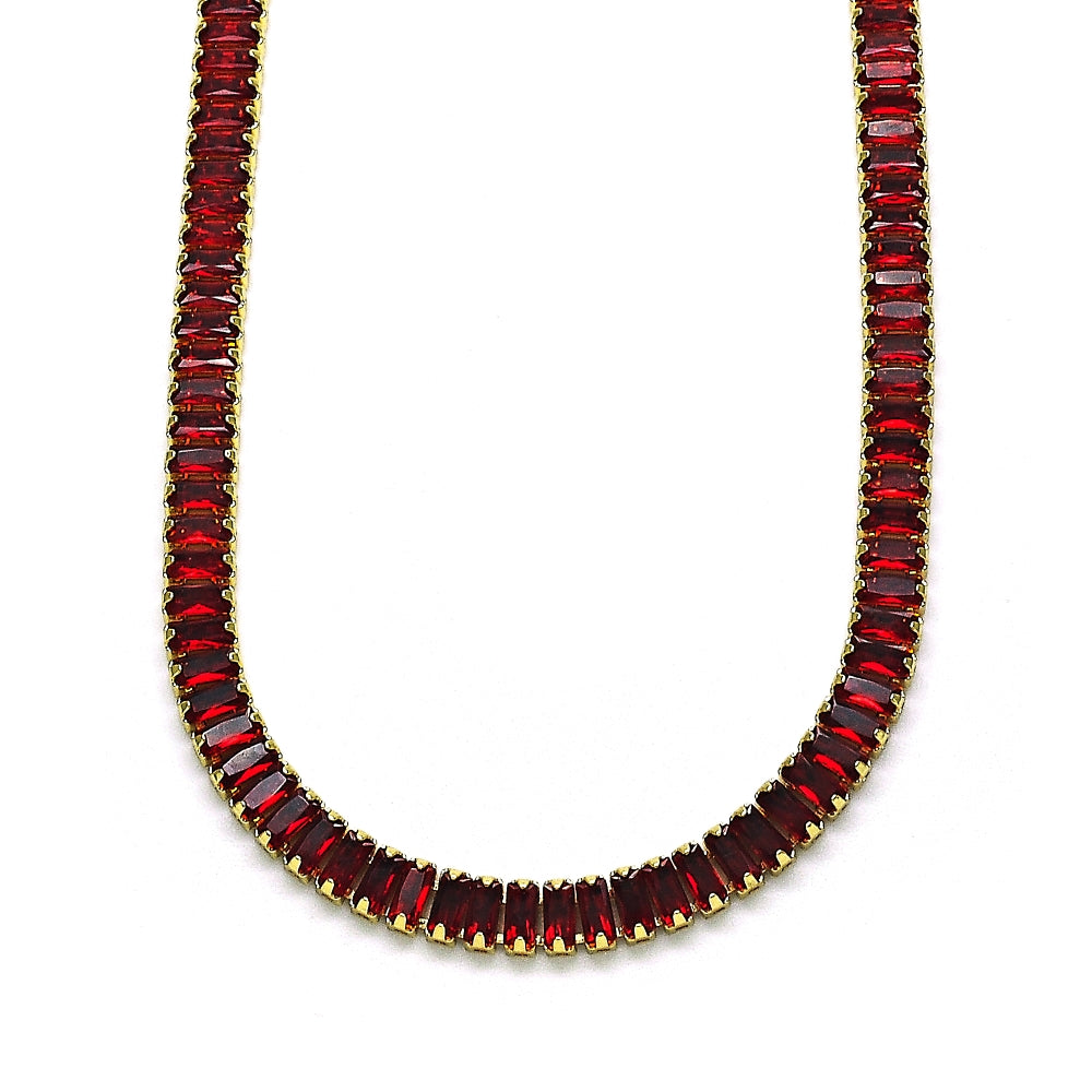 Oro Laminado Fancy Necklace, Gold Filled Style Baguette Design, with Garnet Cubic Zirconia, Polished, Golden Finish