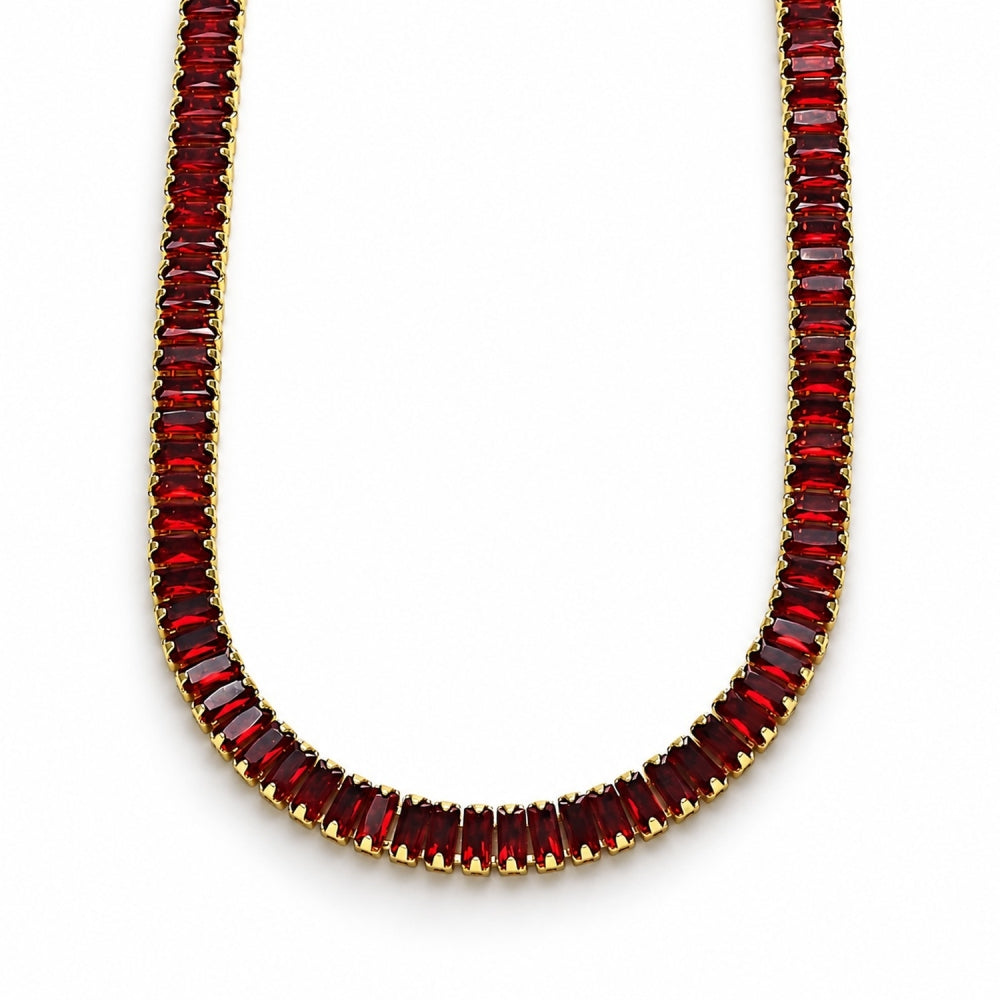 Oro Laminado Fancy Necklace, Gold Filled Style Baguette Design, with Garnet Cubic Zirconia, Polished, Golden Finish