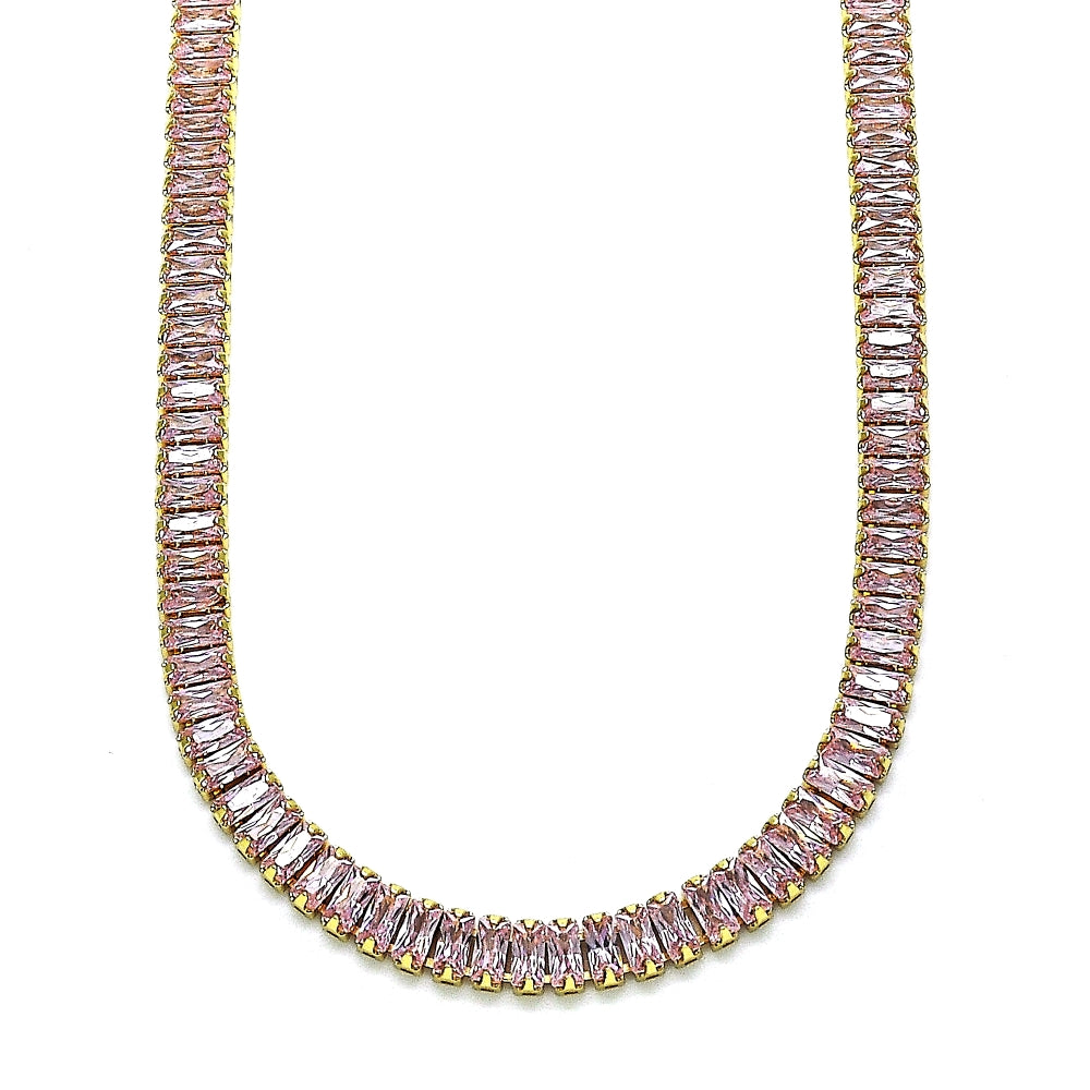 Oro Laminado Fancy Necklace, Gold Filled Style Baguette Design, with Pink Cubic Zirconia, Polished, Golden Finish