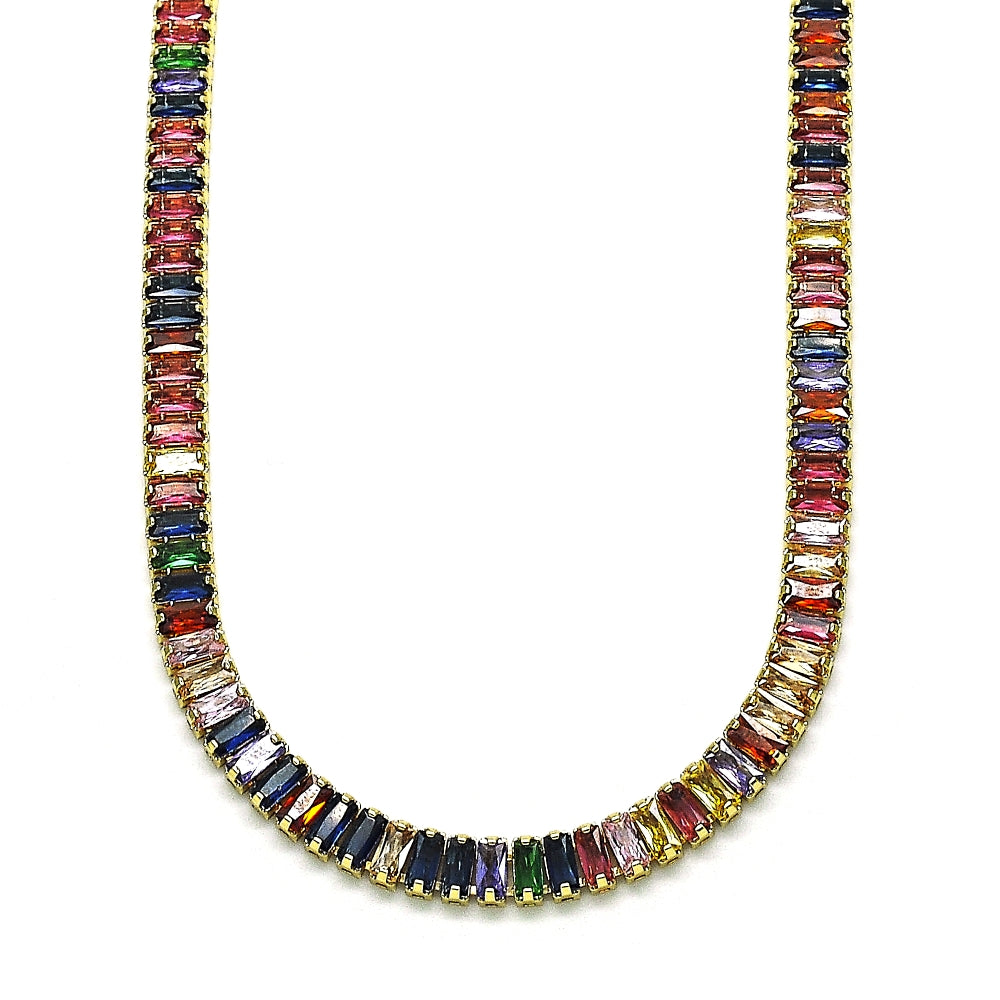 Oro Laminado Fancy Necklace, Gold Filled Style Baguette Design, with Multicolor Cubic Zirconia, Polished, Golden Finish