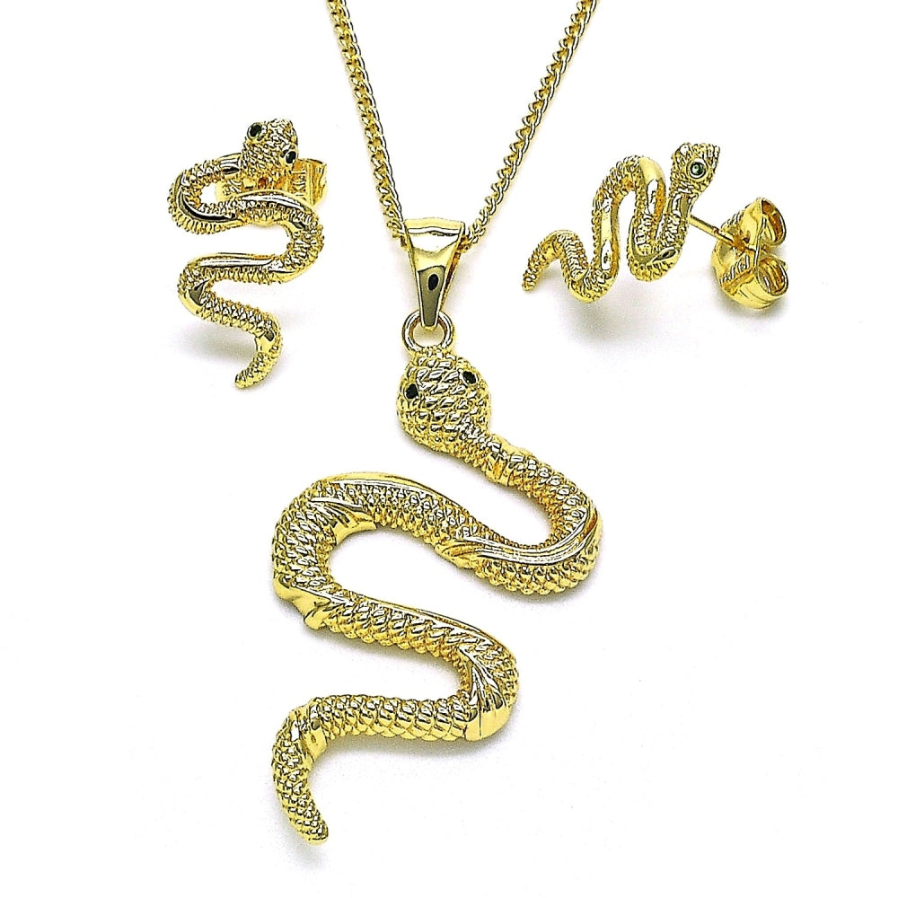 Oro Laminado Earring and Pendant Adult Set, Gold Filled Style Snake Design, with Green Micro Pave, Polished, Golden Finish