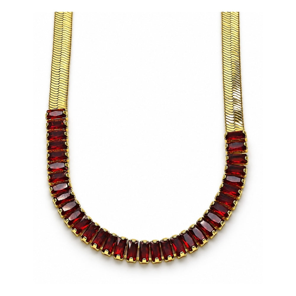 Oro Laminado Fancy Necklace, Gold Filled Style Baguette Design, with Garnet Cubic Zirconia, Polished, Golden Finish