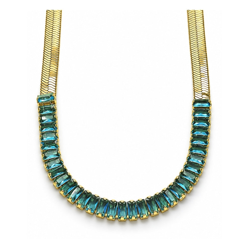 Oro Laminado Fancy Necklace, Gold Filled Style Baguette Design, with Aqua Blue Cubic Zirconia, Polished, Golden Finish