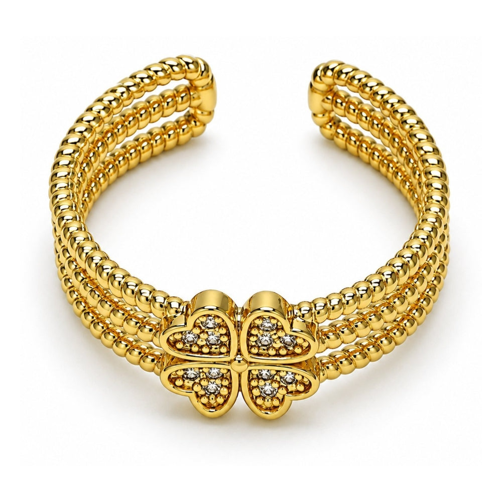 Oro Laminado Multi Stone Ring, Gold Filled Style Four-leaf Clover Design, with White Micro Pave, Polished, Golden Finish