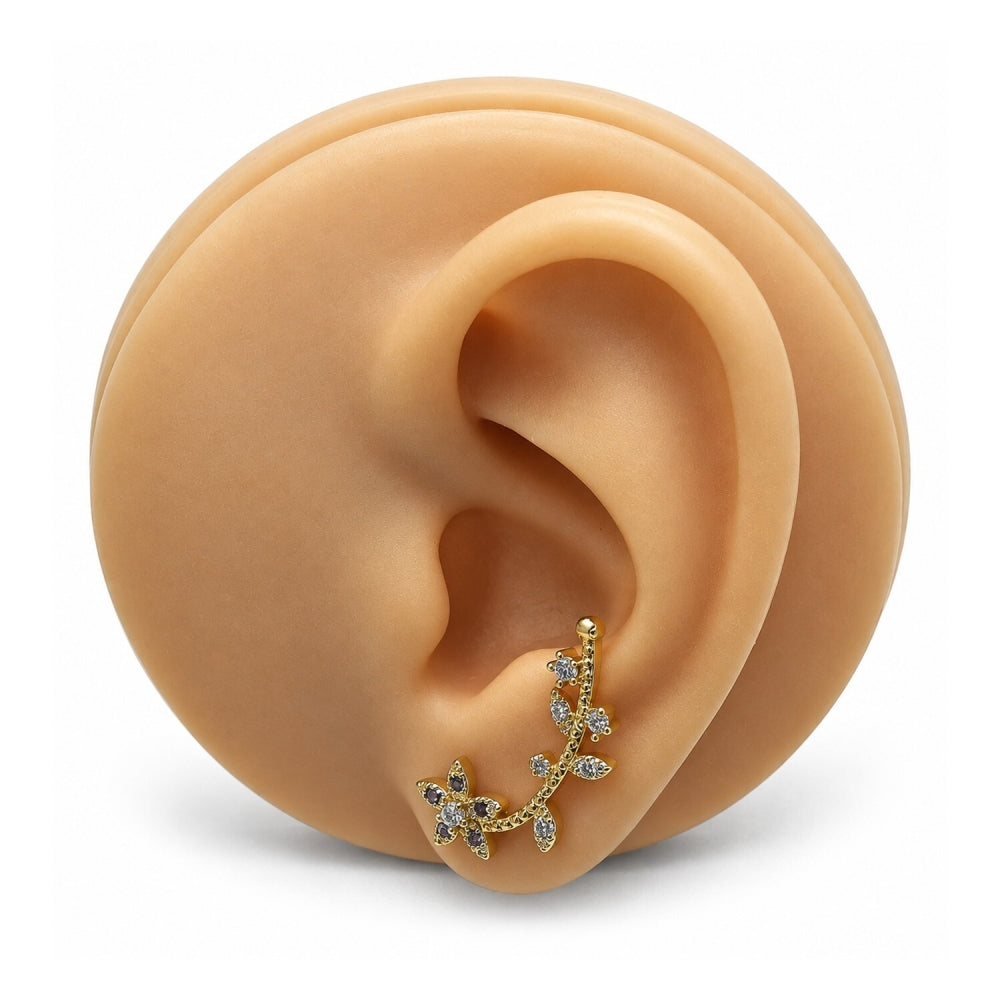 Oro Laminado Earcuff, Gold Filled Style Flower Design, with Multicolor Micro Pave and White Cubic Zirconia, Polished, Golden Finish