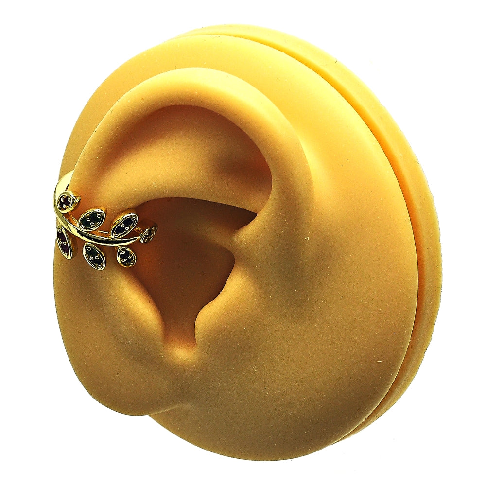 Oro Laminado Earcuff, Gold Filled Style Leaf Design, with White Micro Pave, Polished, Golden Finish
