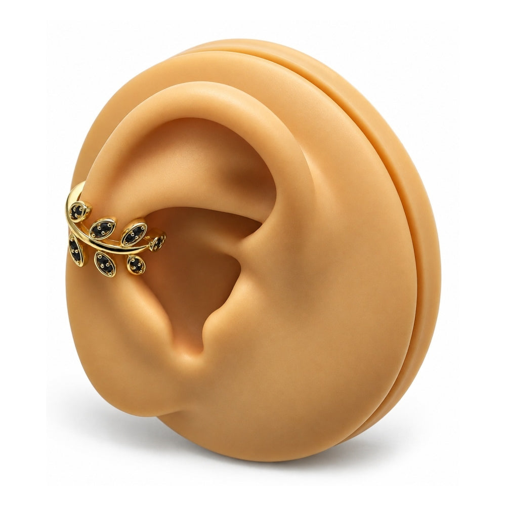 Oro Laminado Earcuff, Gold Filled Style Leaf Design, with White Micro Pave, Polished, Golden Finish
