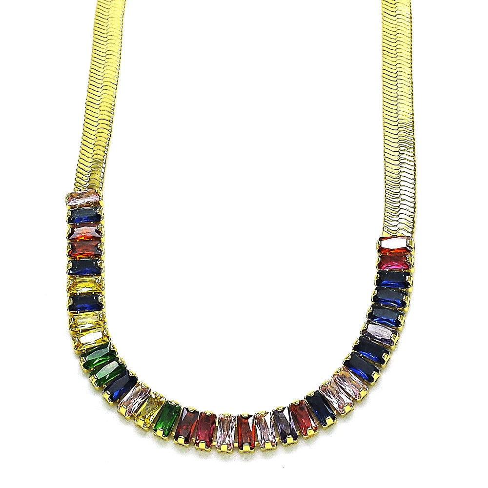 Oro Laminado Fancy Necklace, Gold Filled Style Baguette Design, with Multicolor Cubic Zirconia, Polished, Golden Finish