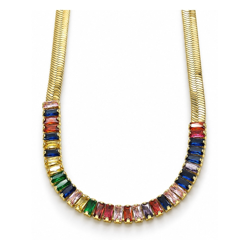 Oro Laminado Fancy Necklace, Gold Filled Style Baguette Design, with Multicolor Cubic Zirconia, Polished, Golden Finish