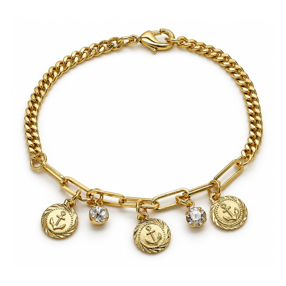 Oro Laminado Charm Bracelet, Gold Filled Style Anchor and Paperclip Design, with White Crystal, Polished, Golden Finish